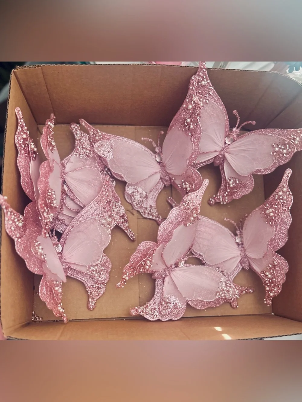 7ct Glitter Pink Butterfly Decorative Christmas Clip Tree Ornament